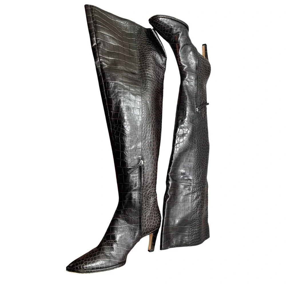 Reformation Croc Embossed Leather Thigh High Boots Wmns 9.5 Brwn Brazil RARE HTF